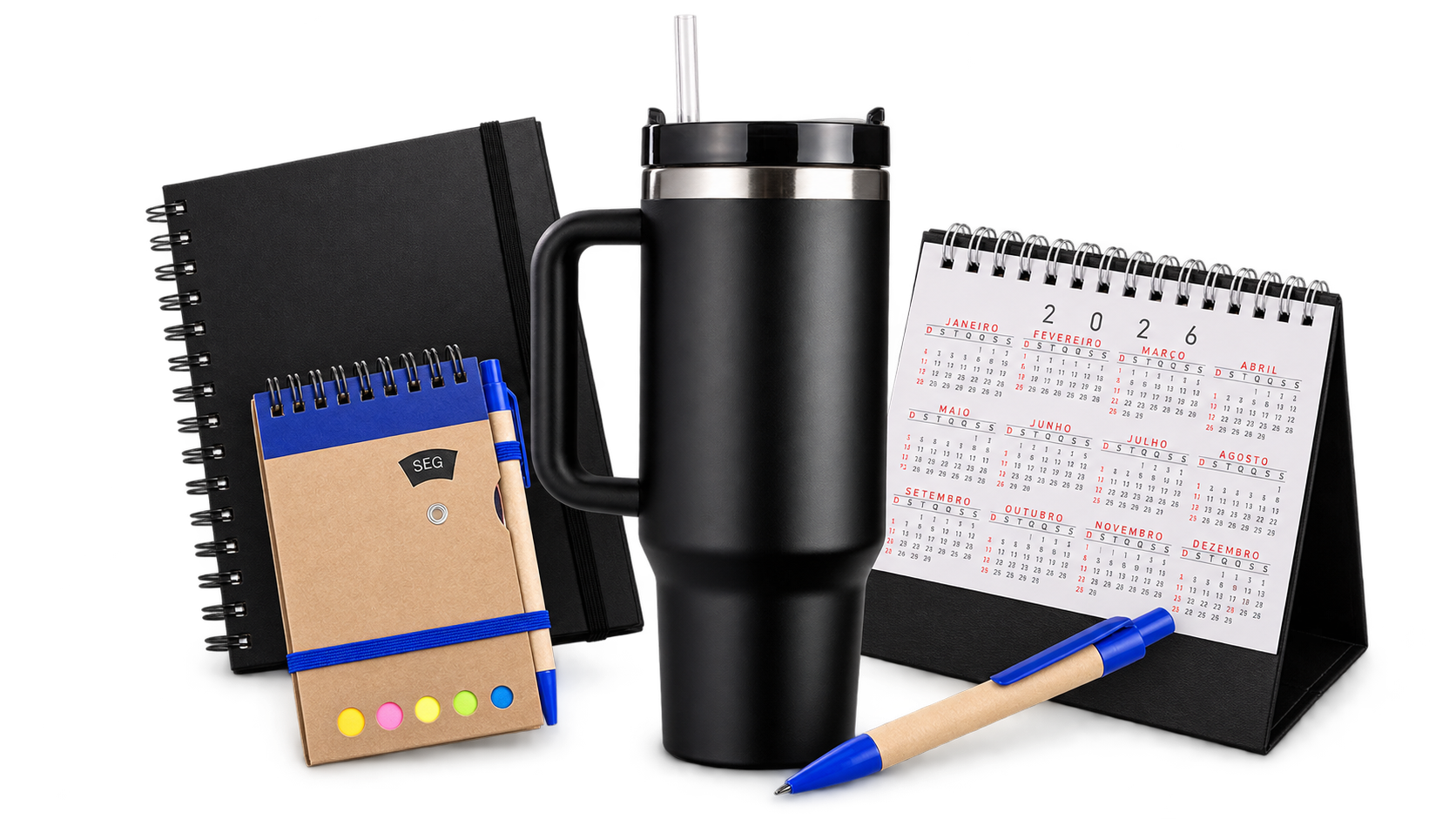 Brindes personalizados: copos térmicos, canetas, agendas, blocos e calendários